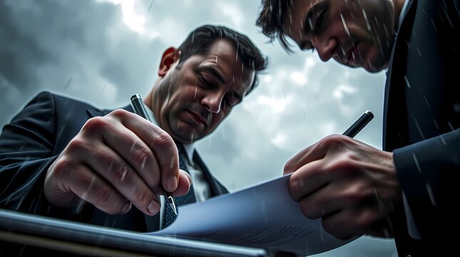An extreme close-up macro shot depicts a businessman ticking a document in intense, dramatic weather. Small subject detail is emphasized against stormy skies, creating high tension