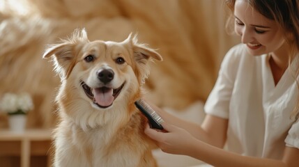 Grooming session with happy dog and woman using brush and trimmer, warm brown background
