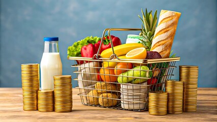 Basket of groceries with coins symbolizing food prices, inflation, and economic burden
