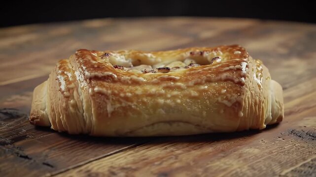 Delicious Stuffed Roll on Rustic Wooden Table Flaky Golden Brown Layers Glazed with Sweetness in Professional Lighting Delicious Bakery Product Food and Drink Indulgence Perfect for Decoration or