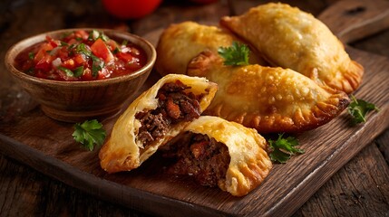 Empanadas with salsa on wood board. Features savory pastries, rustic style. Ideal for food blog, marketing, or editorial use.