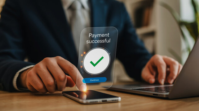 Person using smartphone for successful payment with digital confirmation on screen hands
