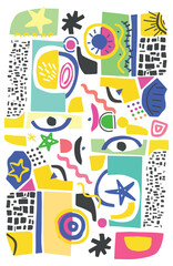 Colorful abstract shapes collage with star, eyes, circle, and geometric patterns on white background