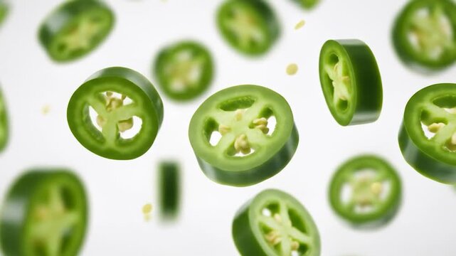 Jalape?o slices falling, white background, food photography, recipe ingredient