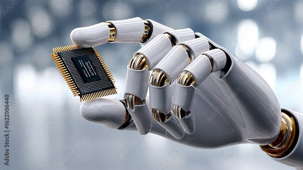 Poster robotic hand showcases microchip fusion of precision, innovation, and futuristic technology in artif