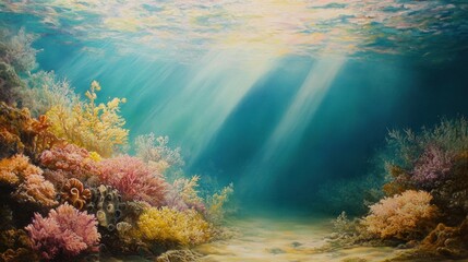 Naklejka premium Underwater coral reef scene, sunbeams, vibrant colors, calm environment