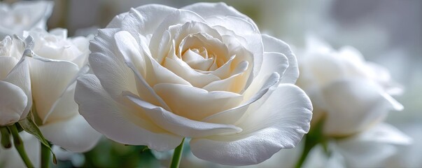 Alba rose echo in flower concept. Elegant white rose in soft light showcasing its delicate beauty.