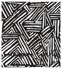 Black and white drawing featuring an intricate geometric pattern with repeating shapes and lines.

