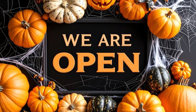 Halloween Business Hours: We Are Open Sign with Pumpkins and Spiderwebs
