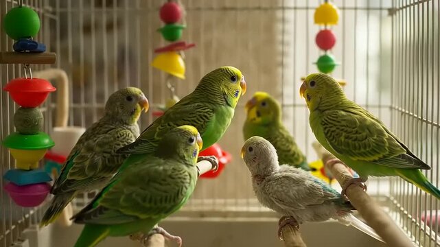 Young parakeets in a cage