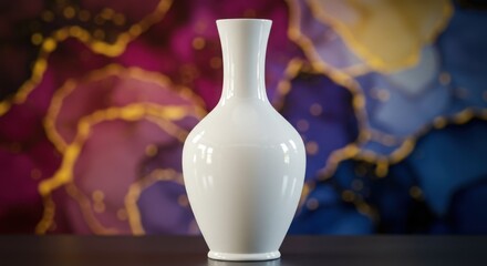 Unbranded white vase mockup, colorful abstract floral pattern background, elegant, artistic