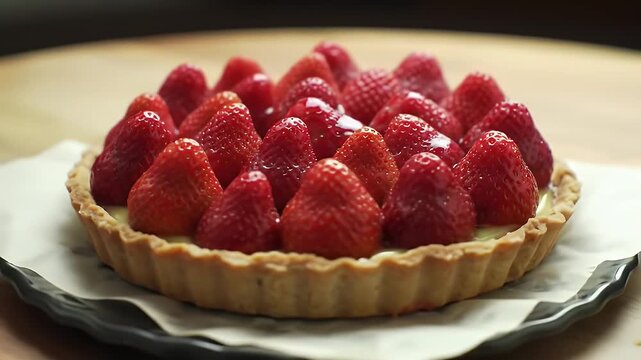 Delicious Tarte Aux Fraises with Vibrant Red Strawberries on a Delicate Pastry Crust Filled with Creamy Custard on Wooden Table Perfect for Bakery and Pastry Promotion and Gourmet Indulgence Sweet