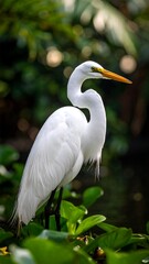 Fototapeta premium A majestic white bird, serene amidst lush green foliage