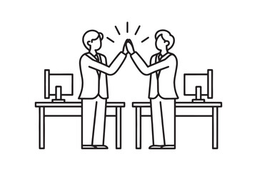 Asian business colleagues applauding each other in an office line art flat vector illustration