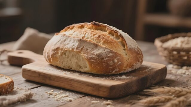 Freshly Baked Bread on a Wooden Cutting Board