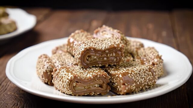 Delicious Tilgul Rolls Topped with White Sesame Seeds on a White Plate Set Against a Rich Brown Wooden Table Top Ideal for Festive Promotions and Celebrating Makar Sankranti