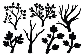  Branches silhouettes set isolated flat vector illustration on white background