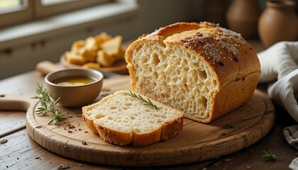 a freshly baked, crusty sourdough loaf on a cutting board, with a few slices already cut, revealing its airy texture, accompanied by a small bowl of olive oil and herbs, soft natural light from a wind
