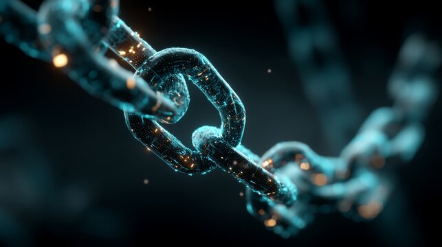 A chain of interlinked metal rings with glowing blue accents, resembling futuristic technology or energy links,