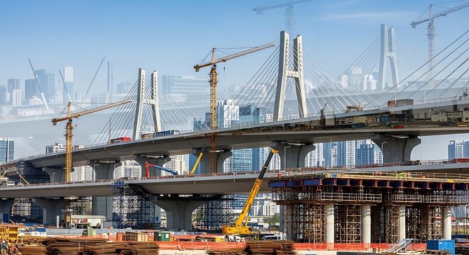 Bridge construction in urban environment showing progress and infrastructural development