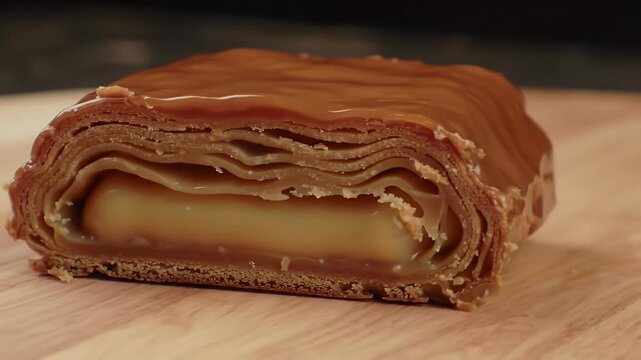 Delicious Torricado Doce Pastry Close Up on Wooden Table with Flaky Layers Creamy Caramel Filling and Topping Perfect for Bakery Promotional Video Sweet Indulgence