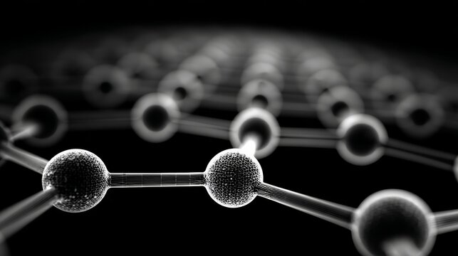 A stylized monochromatic molecular structure with bright white highlights, set against a dark fading background,