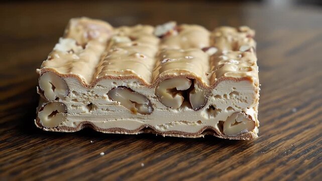Delicious Torrone Featuring Layers of Creamy Nougat and Roasted Nuts on Dark Brown Wood Table Detailed High Angle Shot Perfect for Confectionery Promotional Banners and Italian Gourmet Dessert
