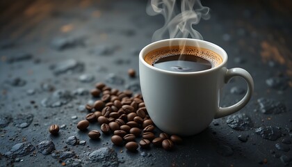 a steaming hot cup of coffee with rich crema, next to a few scattered roasted coffee beans on a dark, textured surface, with warm, inviting lighting. 