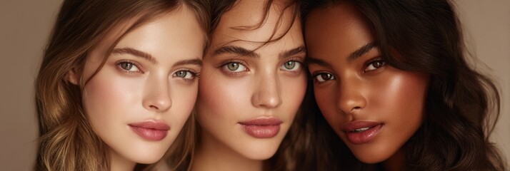 Obraz premium Celebrate Natural Beauty With Diverse Glowing Skin Tones in a Soft Gradient Background Highlighting Unique Features Beautifully and Elegantly