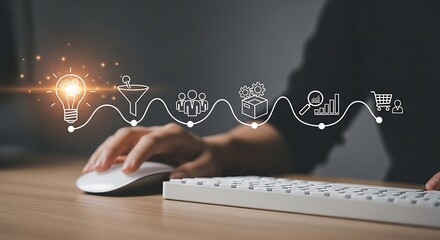 Digital business process flow with icons and hand on mouse