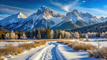 Mountain Range in Winter Landscape with Snowy Valley and Trail