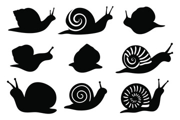 Eight Snail silhouettes set isolated flat vector illustration on white background