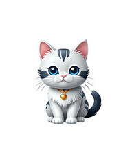 Cute fluffy white kitten with heart collar and tongue out on transparan background