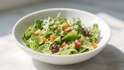 Fresh mixed green salad with carrots and tomatoes in a white bowl