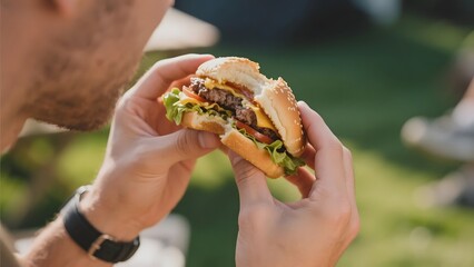 Person holding and eating a large, appetizing burger outdoors