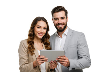A woman in a beige blazer and a man in a gray suit smile at the camera while reviewing a tablet, showcasing professionalism and teamwork.
