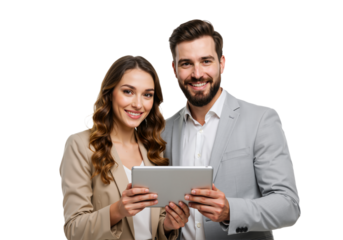 A woman in a beige blazer and a man in a gray suit smile at the camera while reviewing a tablet, showcasing professionalism and teamwork.
