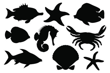 Fish and sea animals silhouettes set Vector illustration on white background