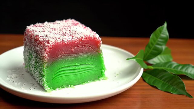 Delicious Two Layer Kue Talam Cake with Vibrant Green and Red Colors Sprinkled with Coconut on a White Plate with Fresh Green Leaves on Dark Background Perfect for Decoration, Culinary or Bakery
