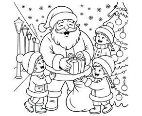 Santa Handing Out Gifts to Smiling Children in Snowy Christmas Coloring Page