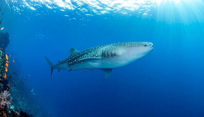 Obraz premium A large whale shark glides through the deep blue sea, illuminated by sun rays filtering from the water's surface next to a vibrant reef.