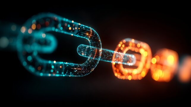 Interlinked chain links glow with warm orange and cool blue hues on a carbon fiber surface,