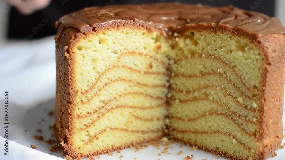 Poster delicious vanilla butter cake topped with melted chocolate cut open revealing intricate concentric p