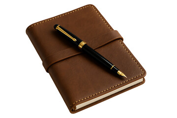 Elegant Brown Leather Journal with Black and Gold Fountain Pen for Writing, Planning, or Journaling Isolated on White