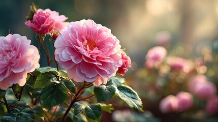 Alba rose echo in flower concept. Beautiful pink roses bloom in soft sunlight, showcasing their elegance.