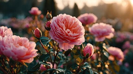 Fototapeta premium Alba rose echo in flower concept. Beautiful pink roses blooming in a serene garden at sunset.