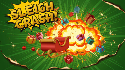 Sleigh Crash Explosion with Flying Christmas Gifts and Torn Vintage Background