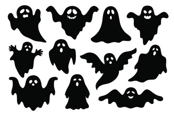 Funny Ghost silhouettes set isolated flat vector illustration on white background.