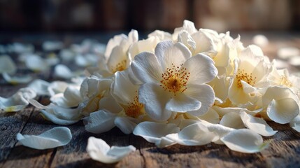 Obraz premium Alba rose echo in flower concept. Delicate white flowers with petals resting on a wooden surface.