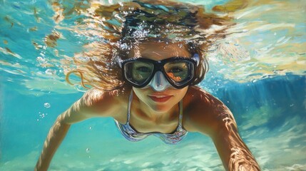 Fototapeta premium Underwater Woman Snorkeling, Turquoise Water, Coral Reef Background